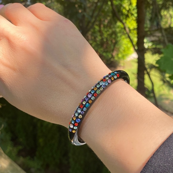 Black Acrylic Cuff Bracelet For Women With Mixed Swarovski Crystals by Lara Glam - Picture 5 of 13